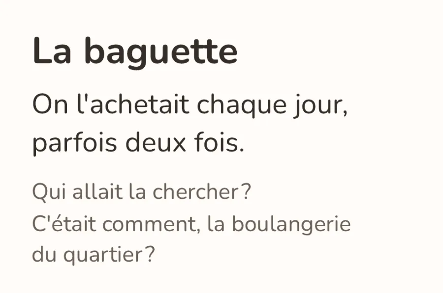 La carte « La baguette » : on la pose sur la table, et on raconte.