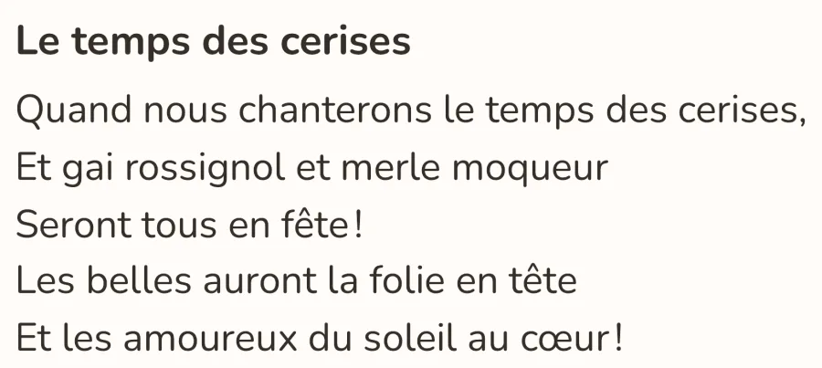 « Le temps des cerises », en gros caractères.