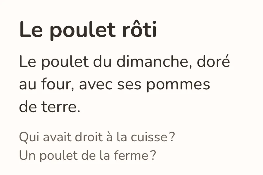 La carte « Le poulet rôti » : on la pose sur la table, et on raconte.